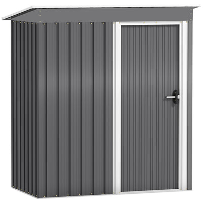 Light grey 5x3ft Outsunny metal garden shed with its sliding door closed and a single-slope pent roof
