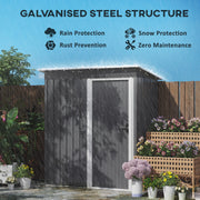 The galvanised steel pent roof in heavy rain, labelled for rain protection, snow protection and rust prevention