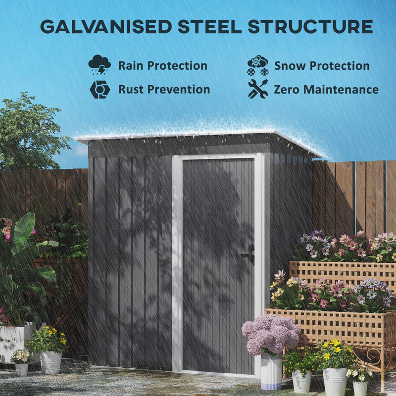The galvanised steel pent roof in heavy rain, labelled for rain protection, snow protection and rust prevention