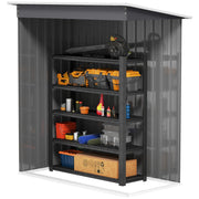 Cutaway view of the shed interior with a loaded shelf unit and a leaf blower resting on top