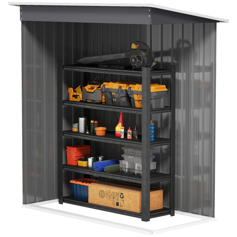 Cutaway view of the shed interior with a loaded shelf unit and a leaf blower resting on top