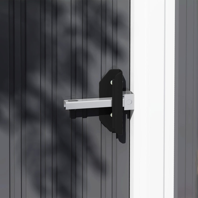 Close-up of the sliding door latch plate, which takes a padlock through the hasp