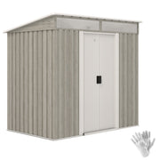 Studio view of the 6x4ft light grey wood effect Outsunny metal shed with gloves included