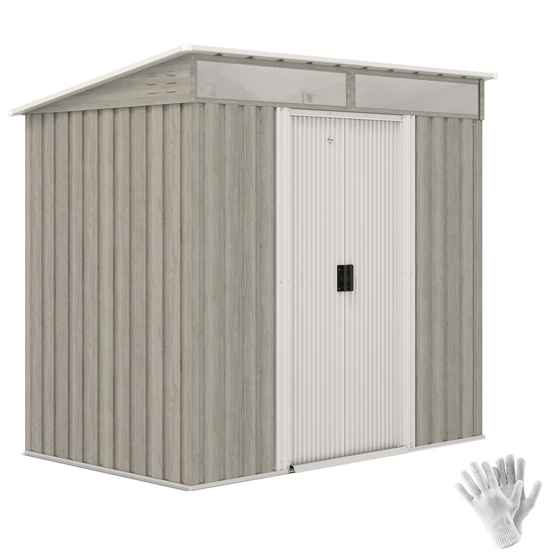 Studio view of the 6x4ft light grey wood effect Outsunny metal shed with gloves included