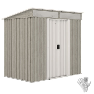 Studio view of the 6x4ft light grey wood effect Outsunny metal shed with gloves included