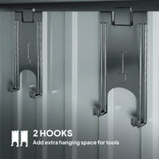 Two supplied hooks mounted inside the shed for hanging long-handled tools on the wall
