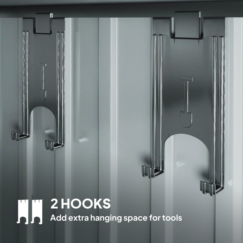 Two supplied hooks mounted inside the shed for hanging long-handled tools on the wall