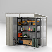 Cutaway view inside the light grey shed with a shelving unit, tools and storage crates