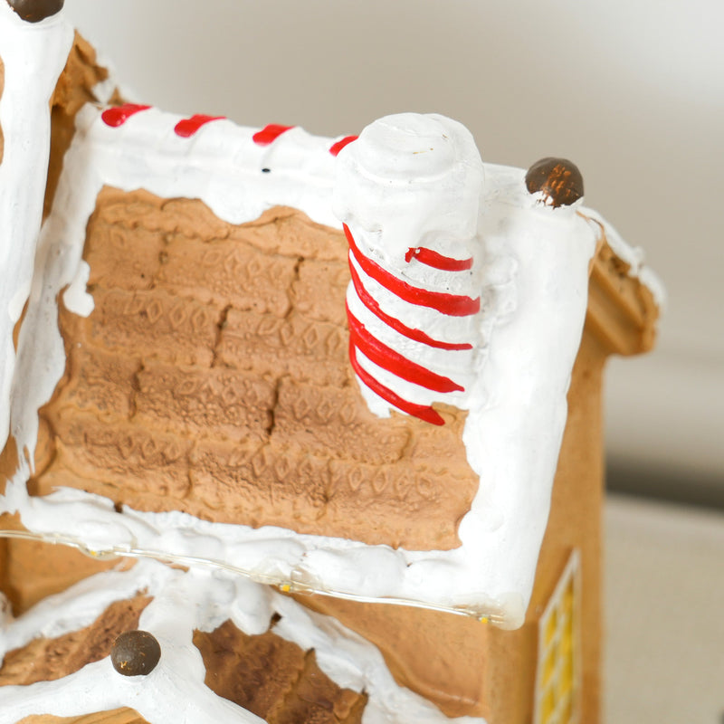 Close-up of the snow-covered roof and red and white striped chimney