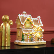 Gingerbread house glowing on a dark shelf against a red wall beside a gold cactus ornament