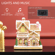 Gingerbread house with a callout of the light and music switch, 12 LEDs and 8 songs