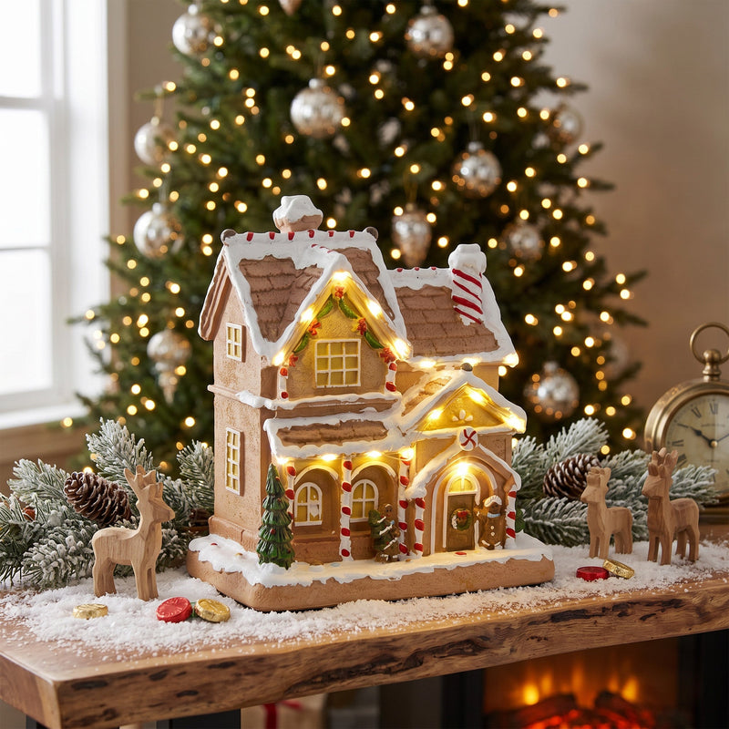 Gingerbread house on a table in front of a lit Christmas tree
