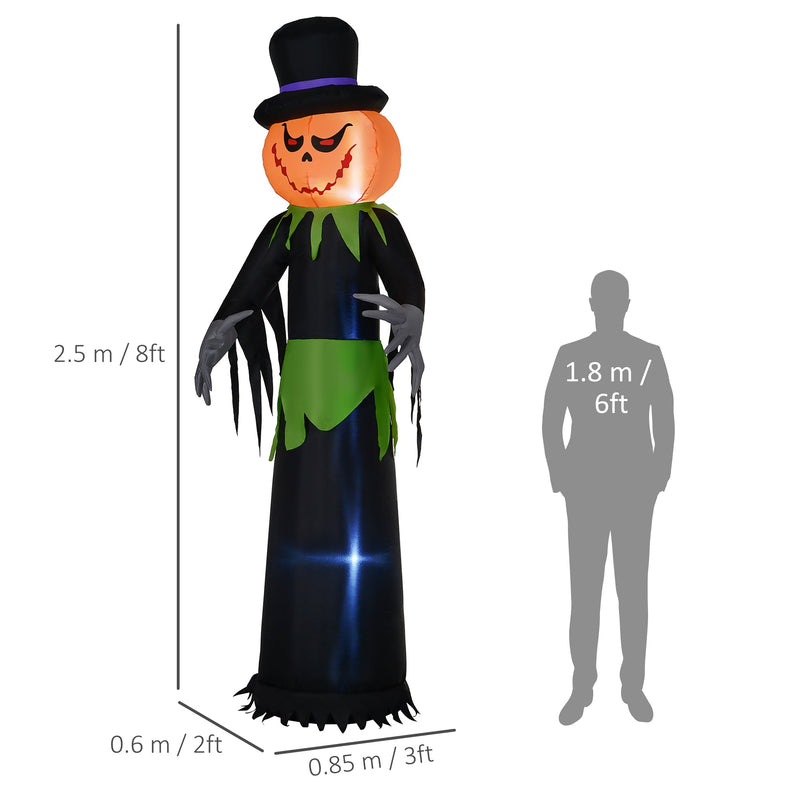 Dimensions diagram showing the Outsunny pumpkin man at 250 cm tall, 85 cm wide and 60 cm deep next to a 6ft human figure