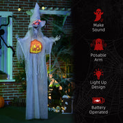 Witch on a lit porch beside a list of her sound, posable arm and lighting features