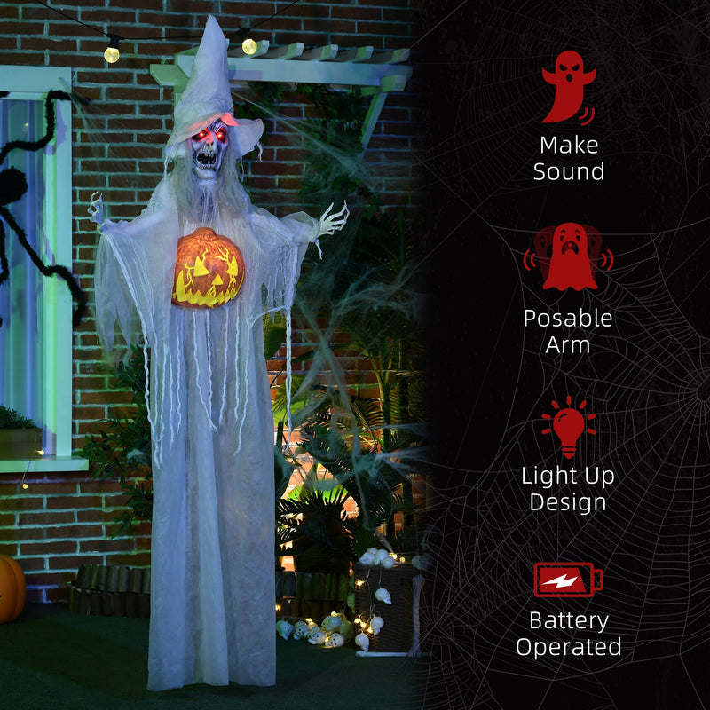 Witch on a lit porch beside a list of her sound, posable arm and lighting features