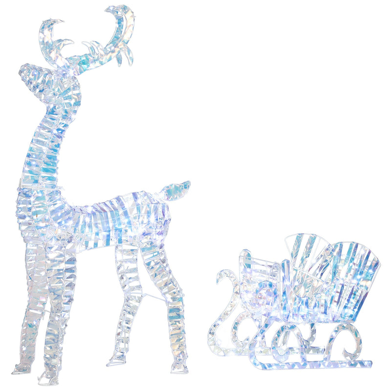 Silver holographic Christmas reindeer and sleigh light decoration on a white background