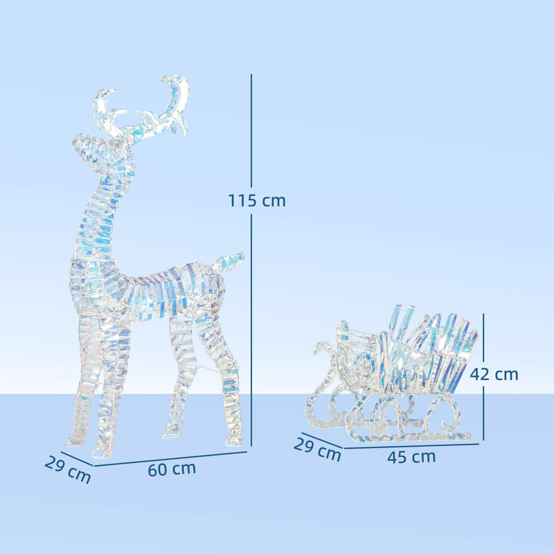 Reindeer 115 cm tall and 60 x 29 cm, sleigh 42 cm tall and 45 x 29 cm, with dimensions labelled