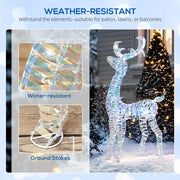 Close-ups of the water-resistant ribbon and a ground stake beside the reindeer in snow
