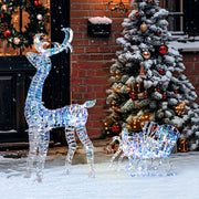 Lit reindeer and sleigh in a snowy yard outside a door with a wreath
