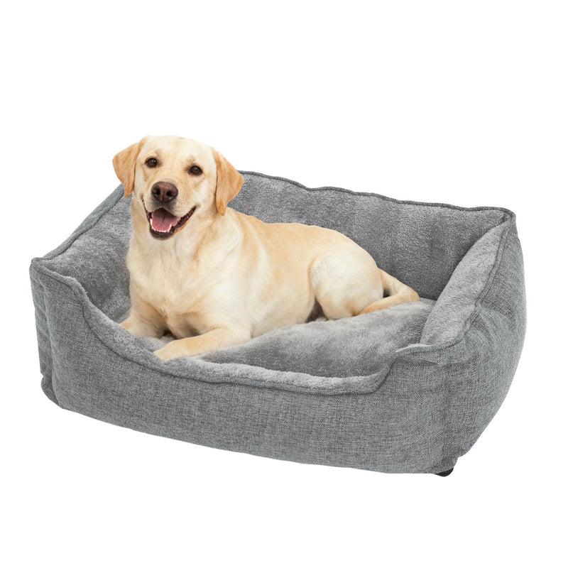 Light grey dog bed shown from the side highlighting the raised edges