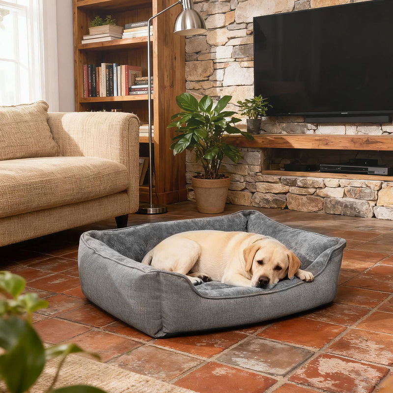 Removable cover partially unzipped on the light grey dog bed