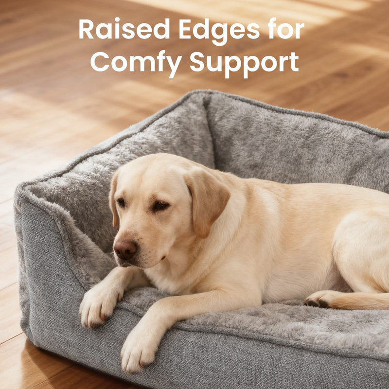 Dog resting inside the light grey linen-look dog bed