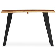 Front view of the 115cm acacia wood console table showing the angular black iron legs