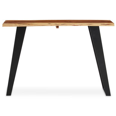 Front view of the 115cm acacia wood console table showing the angular black iron legs