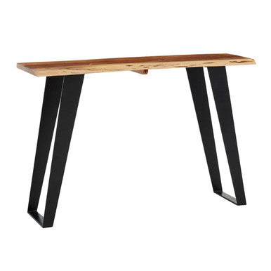 Angled studio view of the acacia wood console table showing the live edge along the top