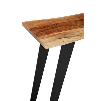 Close-up of the acacia wood grain and natural live edge on the console table top