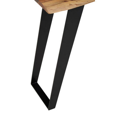 Close-up of the matt black angular iron leg of the acacia console table