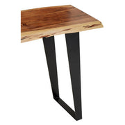 Close-up of the acacia console table foot and the angular black iron leg