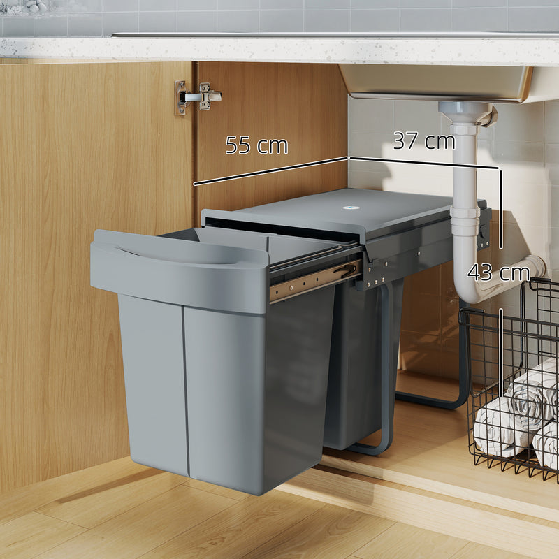Pull Out Under Sink Kitchen Bin with Dual Compartments for Easy Waste and Recycling Grey