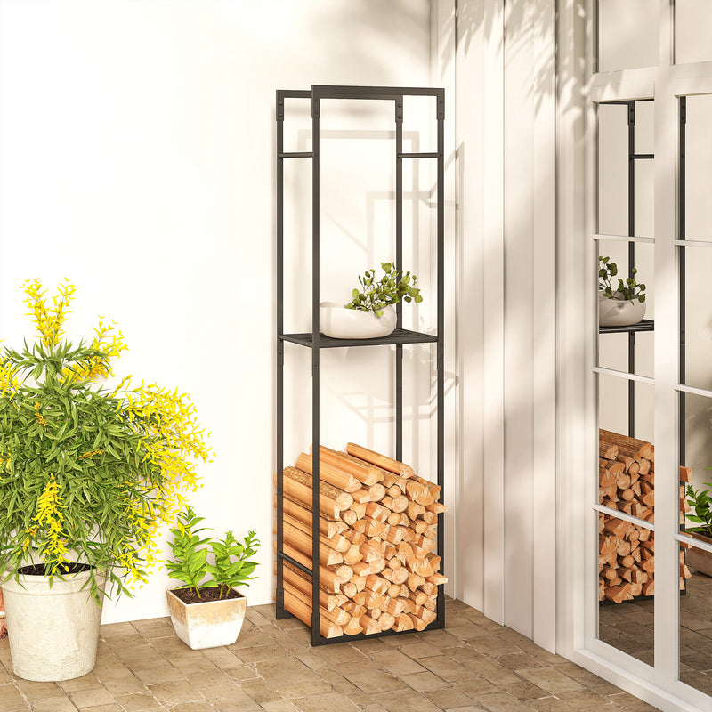 Heavy Duty Metal Firewood Log Rack With Adjustable Shelf For Indoor Outdoor Use Black