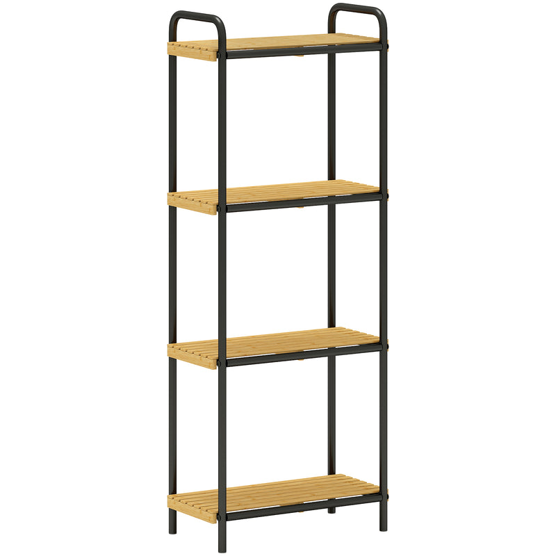 4 Tier Freestanding Bamboo Storage Shelf For Bathroom Or Kitchen With Slatted Design, Natural and Black