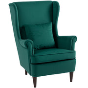 Dark Green Velvet Wingback Armchair With High Back And Pillow For Living Room Comfort