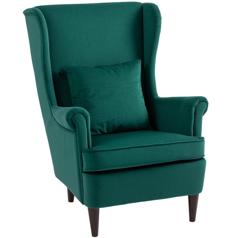 Dark Green Velvet Wingback Armchair With High Back And Pillow For Living Room Comfort