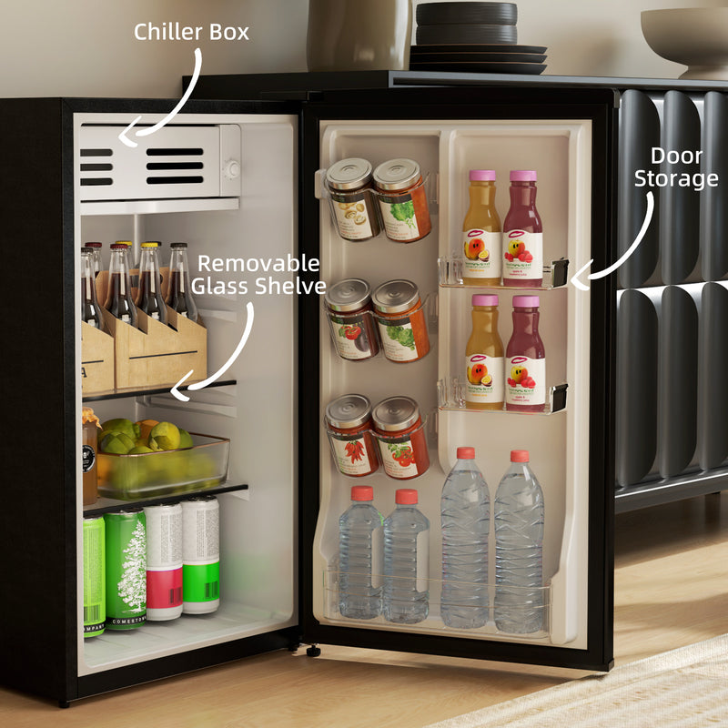 Black 85L Retro Under Counter Fridge with Chiller Box and Glass Shelves by HOMCOM