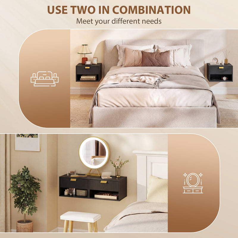 Floating Bedside Tables Set of 2 with Drawer and Shelf for Space Saving Black AOSOM