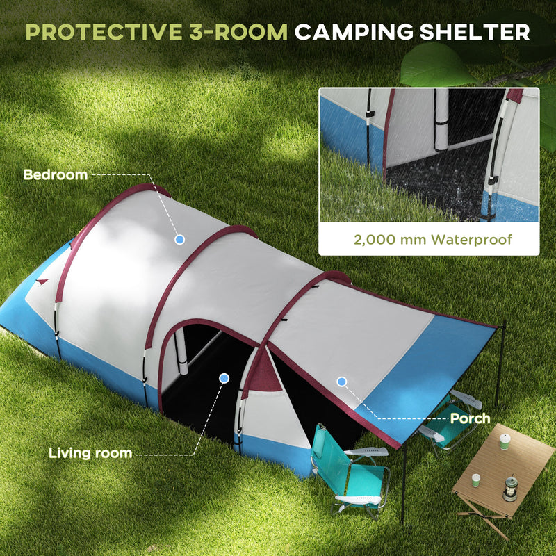 Three Person Two Room Camping Tent With Porch And Organised Storage Red