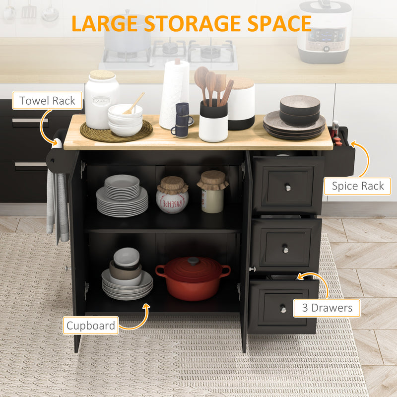Kitchen Island with Drop-Leaf Tabletop and Storage Drawers for Extra Prep Space Black