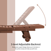 Brown Wooden Sun Lounger Chair With Wheels Adjustable Back and Side Table for Garden