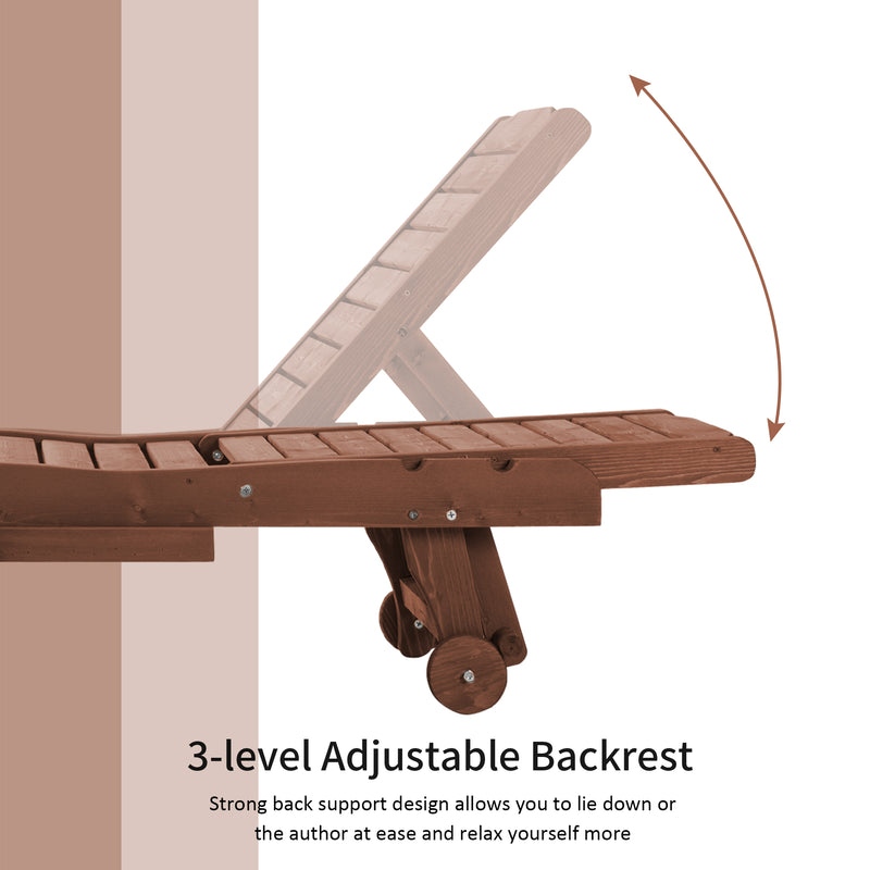 Brown Wooden Sun Lounger Chair With Wheels Adjustable Back and Side Table for Garden