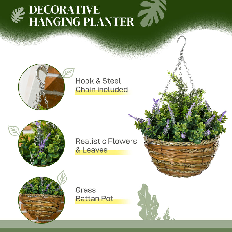 Set of 2 Artificial Hanging Lavender Flower Pots for Garden or Balcony Display Purple