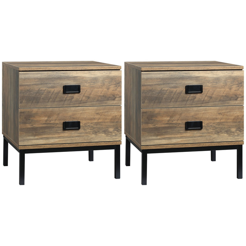 Set of 2 Retro Bedside Tables with 2 Drawers and Metal Frame for Bedroom Coffee