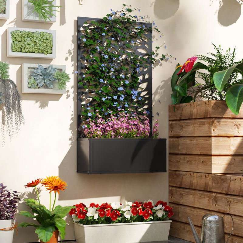 Metal Planter with Leaf Trellis Privacy Panel for Garden or Patio Black Outsunny