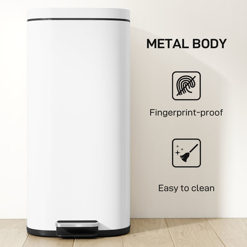 30L Pedal Kitchen Bin With Soft Close Lid And Removable Inner Bucket For Home Use White