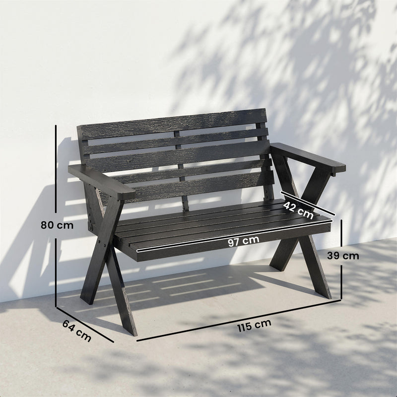 Black Wooden Garden Bench for 2 with Weather Resistant Fir Wood and Modern X Frame Legs