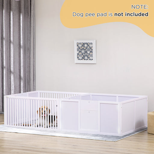 7 Panel Puppy Playpen with 3 Doors and Two Room Whelping Box for Indoor Use White