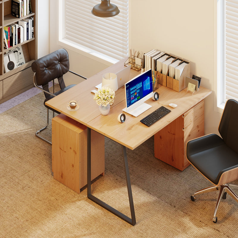 Computer Desk with Drawer and Cabinet for Home Office Study Workstation, Natural Wood Finish